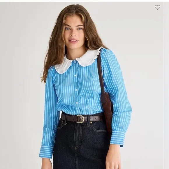 NWT J. Crew Organic Cotton Ruffle-Collar Poplin Shirt in Blue White Stripes - Picture 2 of 4